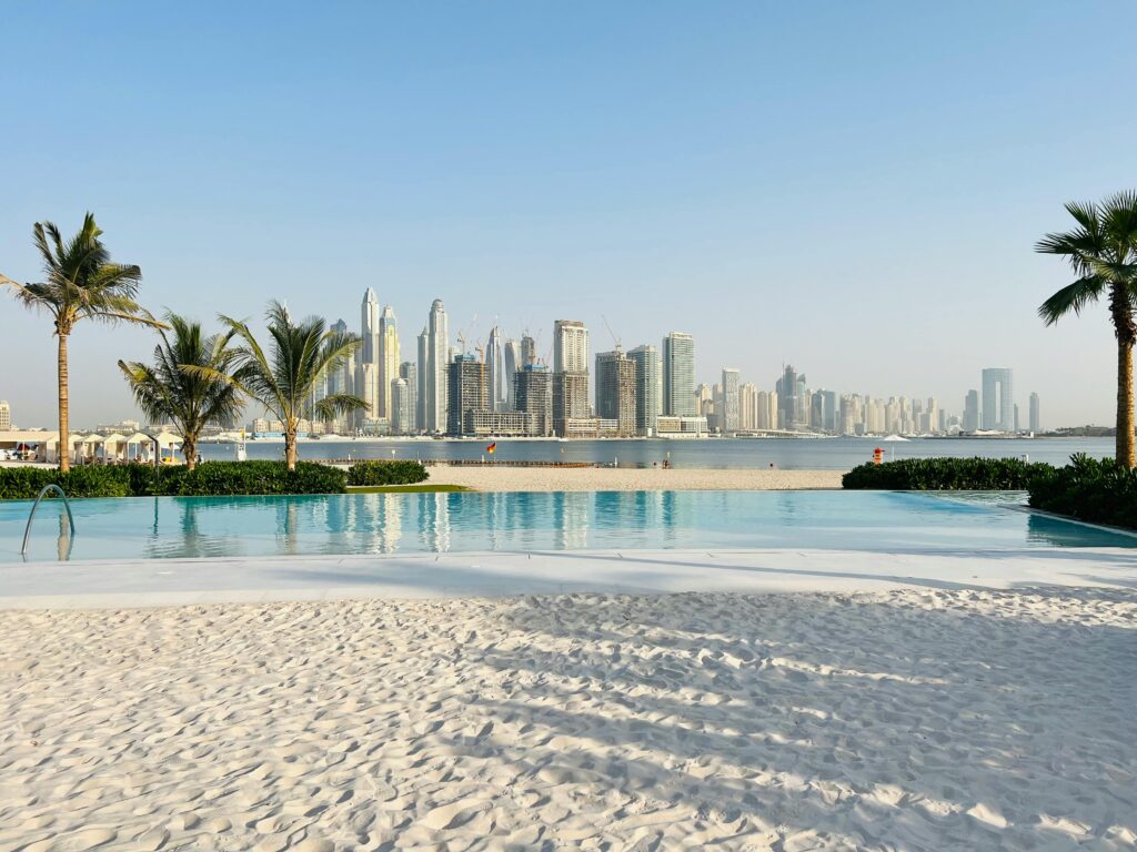 Beachfront villa view in Dubai with skyline