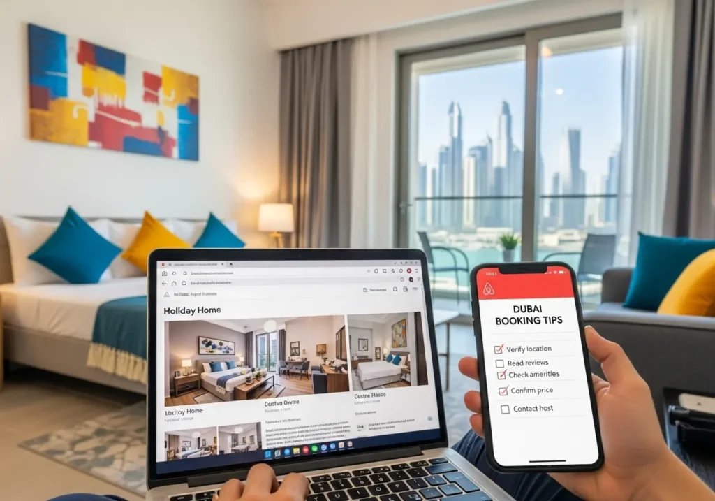 Traveler checking Airbnb holiday home booking tips in Dubai
