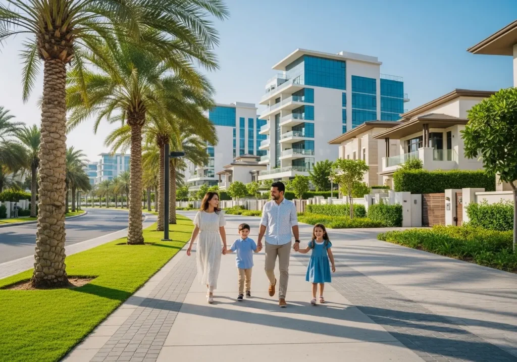 Family walking in Dubai neighborhood for holiday stay
