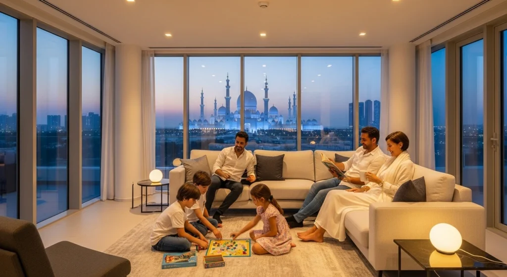 Family relaxing in a holiday home near Abu Dhabi’s top attractions like Corniche and Sheikh Zayed Grand Mosque