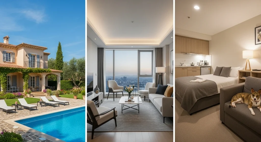 Various types of pet-friendly holiday homes in Abu Dhabi such as villas with gardens, furnished apartments, and serviced apartments.