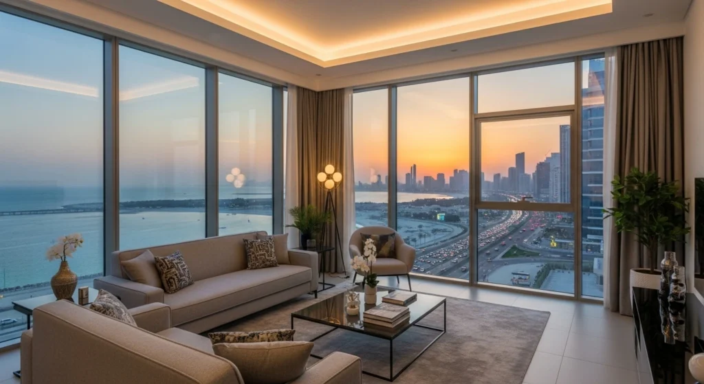 Modern furnished apartment in Abu Dhabi with skyline views.
