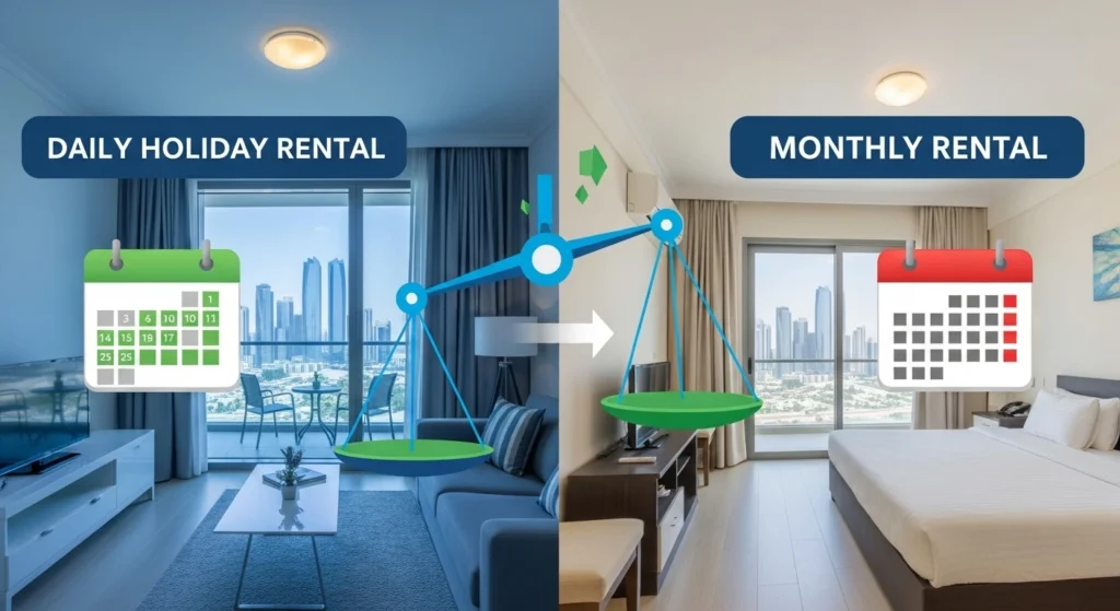 Comparison of short-term holiday rental and monthly rental prices in Abu Dhabi