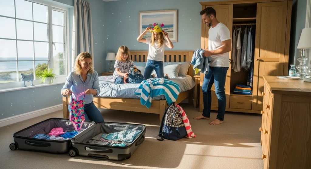Family unpacking and settling into a holiday home in Abu Dhabi.