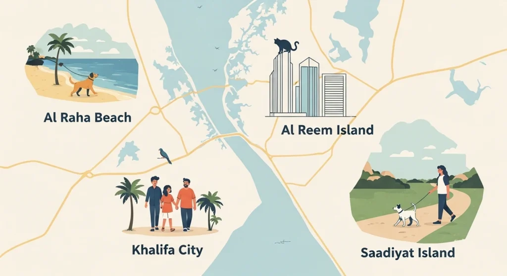 “Top pet-friendly neighborhoods in Abu Dhabi including Al Raha Beach, Al Reem Island, Khalifa City, and Saadiyat Island.