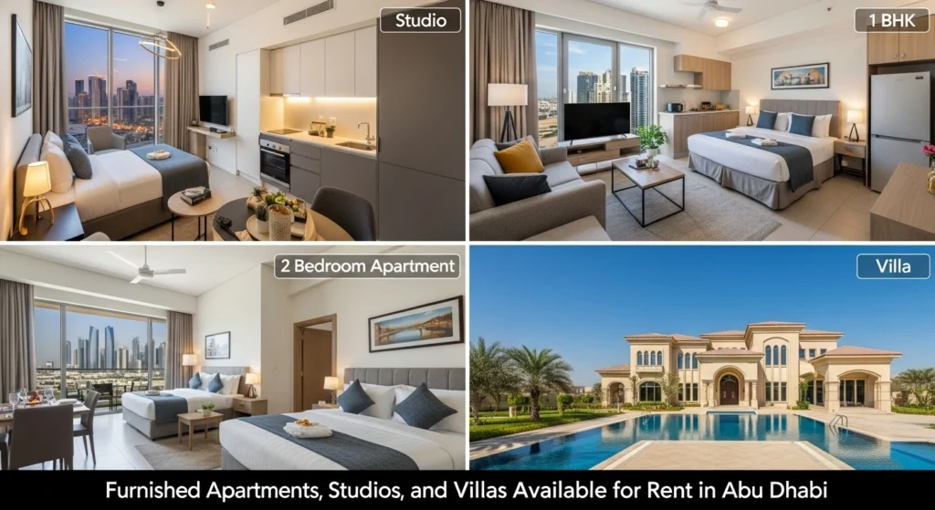 Variety of furnished apartments, studios, and villas available for rent in Abu Dhabi
