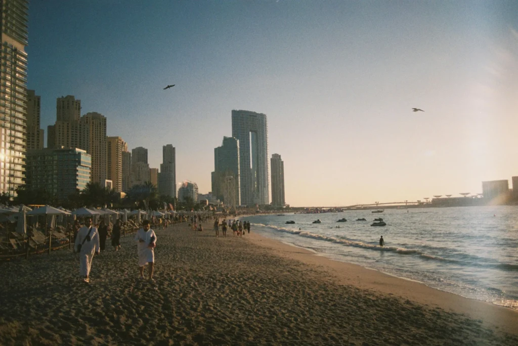 Downtown Dubai skyline at sunset.
