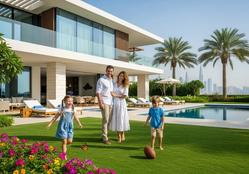 Family outside Dubai holiday villa