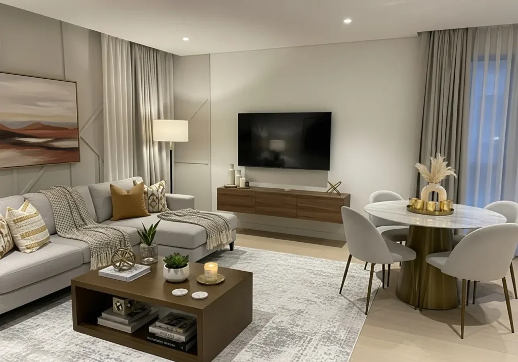 Modern Dubai holiday home living room with sofa and TV