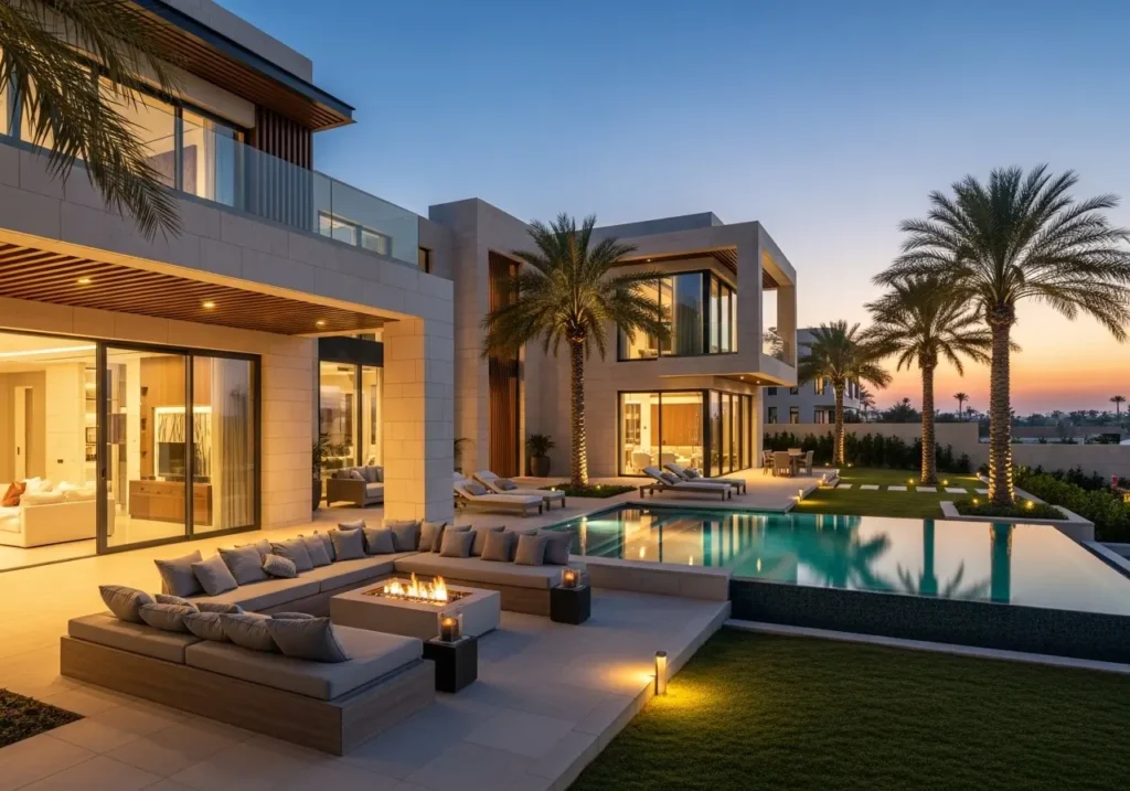 Modern holiday home in Dubai with pool and palm trees